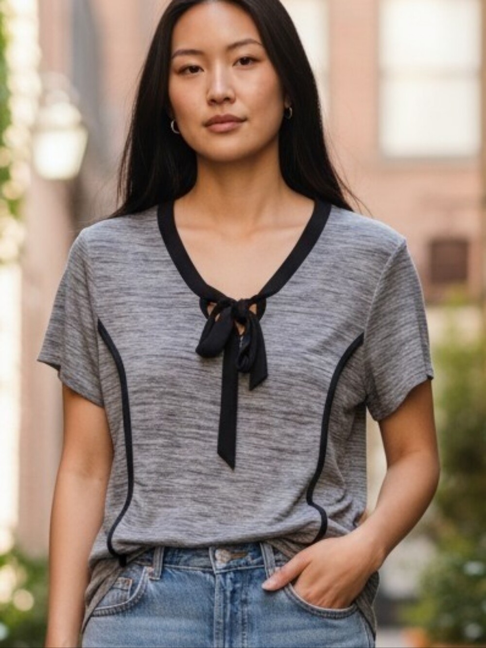 Gray and Black Fitted Tie Front Shirt Top Sz. L